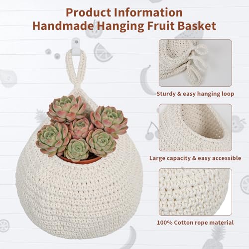 3 Pack Boho Decor Hanging Fruit Baskets with Hooks, Hand-woven Cotton Wall Storage Baskets for Fruit Vegetable Flower 3 Sizes, Hanging Holder Teardrop Produce Basket for Kitchen Organization, Beige - color: Beige, size: 3 Pack