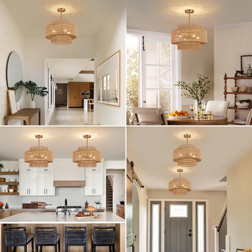 18 Inch Boho Chandeliers for Dining Room 4-Lights Black Farmhouse Light Fixtures Large Pendant Light Hand Woven Dining Table Light Fixture Rattan Hanging Lamp for Kitchen Island - size: 18 Inch