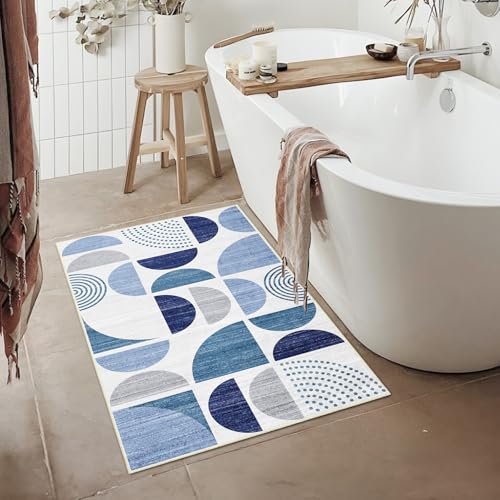 MUJOO Blue Small Rug Washable,2x3 Area Rugs for Entryway Bathroom Entry Entrance Bedroom Kitchen,Front Door Mat Boho Throw Carpet Non Slip Indoor Soft Modern Abstract Navy Blue - color: Blue and Grey, size: 2' x 3' (Rectangular)