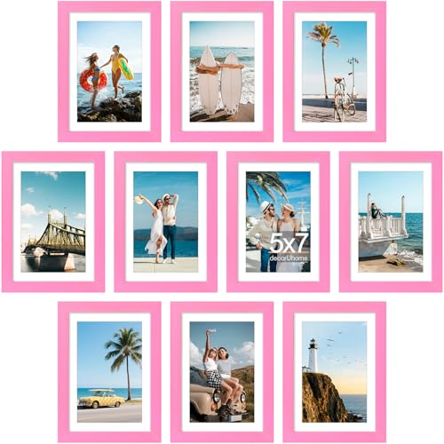 decorUhome 5x7 Picture Frame Set of 10, Display Photos 4x6 with Mat or 5x7 Unmatted for Picture Frames Collage Wall Decor, Pink - color: Pink, size: 5x7