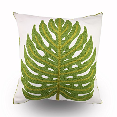 Embroidery Throw Pillow Cover 18x18 Decor Tropical Leaves Floor Pillow Cover for Couch Chair Bed Room 100% Cotton Cushion Cover 45x45cm Pillowcase, Green Leaf Plant Embroidered, Pack of 4 - color: Leaf Set 4