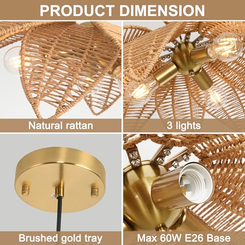 24” Floral Rattan Chandeliers Lights Fixture for Dining Room, 3-Light Large Farmhouse Boho Pendant Lights Fixture, Hanging Hand Woven Wicker Ceiling Lights for Kitchen Island Bedroom Living Room - style: Boho-Flower-24in