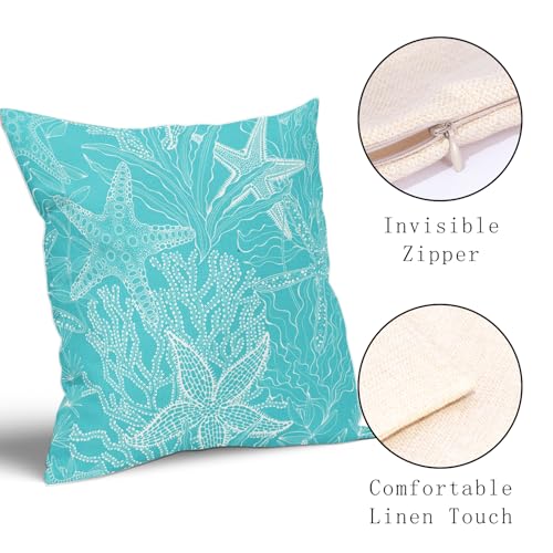Aqua Blue Nautical Pillow Covers 16x16 Inch Set of 2 Coastal Beach Themed Starfish Cotton Linen Decorative Throw Pillow Case Beachy Outdoor Cushion Covers for Bedroom Sofa Living Room Chair Decor - color: Beach Aqua Blue, size: 16" x 16" (Pack of 2)