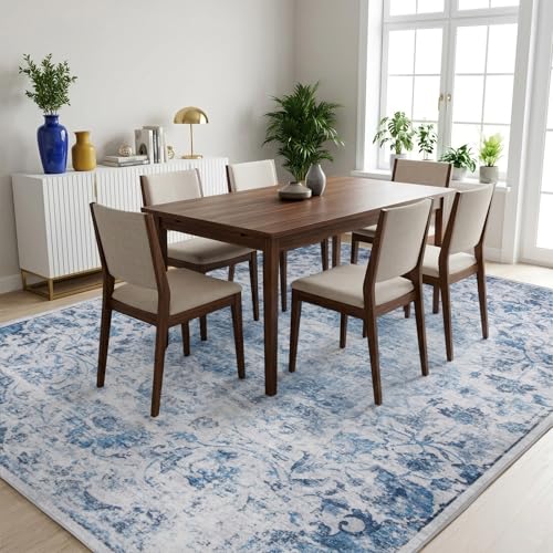 9x12 Washable Area Rug for Living Room, Large Blue Boho Area Rug, Soft Low Pile Non Slip Carpet, Floral Print Mat for Bedroom, Dinning Room,Playroom, Nursery Farmhouse Indoor-Blue/Gray - color: Blue/Grey, size: 9' x 12' (Rectangular)