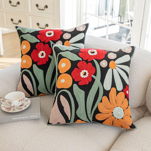 YIcabinet Pack of 2 Throw Pillow Covers,Colorful Flowers Embroidered Pillow Case Soft Decorative Pillowcases for Home Sofa Couch 18x18 Inch - color: Black16