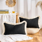 Boho Lumbar Pillow Covers 12x20 Pillow Cover Black Faux Linen Couch Rectangular Pillow Covers Soft Lumbar Cushion Cover with Tassels Farmhouse Cushion for Couch Sofa Bedroom Living Home Set of 2 - color: Black, size: 20" x 12" (Pack of 2)