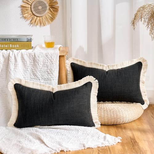 Boho Lumbar Pillow Covers 12x20 Pillow Cover Black Faux Linen Couch Rectangular Pillow Covers Soft Lumbar Cushion Cover with Tassels Farmhouse Cushion for Couch Sofa Bedroom Living Home Set of 2 - color: Black, size: 20" x 12" (Pack of 2)