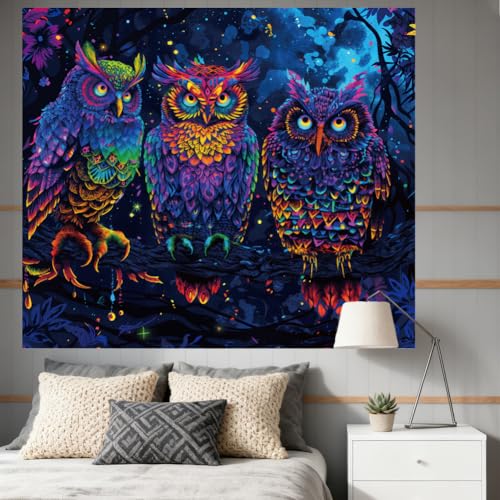 CRAFTYMELODY Owl Blacklight Tapestry Glow in the Dark Tapestry UV Reactive Colorful Forest Aniaml Wall Hanging 59×51 Inch with Hook Self Adhesive Sticker Clip for Bedroom Home Wall Decoration - color: Owl