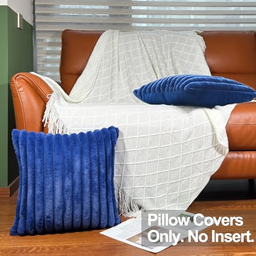 18x18 Throw Pillow Covers Set of 2, Decorative Faux Fur Covers for Bed, Couch Soft Fluffy Pillow Cover with Velvet Back for Living Room, Neutral Home Décor Accent for Sofa - Blue - color: Blue, size: 18" x 18" (Pack of 2)