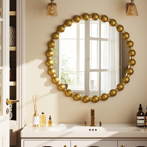 Easly Round Mirror for Wall, 24 Inch Gold Beaded Frame Decorative Vanity Mirror, Circle Bathroom Mirror with High-Definition Lense, Modern Wall Decor for Bathroom, Living Room, Bedroom, Entryway - color: Gold, size: 24"L x 24"W