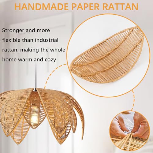 Hand Woven Rattan Chandelier, Boho Pendant Light 19.68 inches Wicker Light Fixture Suitable for Dining Room, Kitchen, Living Room, Farmhouse,E26 Lamp Base - size: 19.68''