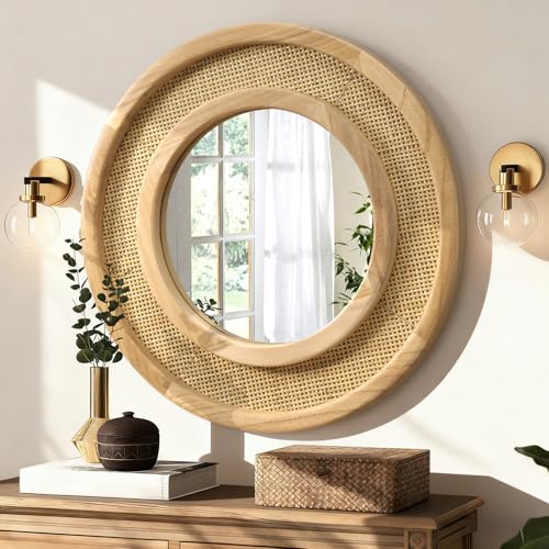 JJUUYOU Wooden Mirror Circle Mirrors for Wall 20 Inch Circular Hanging Mirrors with Wood Frame for Living Room Bathroom Vanity Entryway Hallway - color: Round Mirror-wood, size: 20"L x 20"W