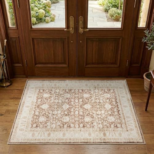 jinchan 3x5 Washable Vintage Area Rug, Distressed Traditional Floral Entryway Accent Rug, Soft Low-Pile Non-Slip Floor Mat for Indoor Foyer, Kitchen Sink Bedroom Bathroom Vanity, Taupe - color: Oriental Taupe, size: 3' x 5' (Rectangular)