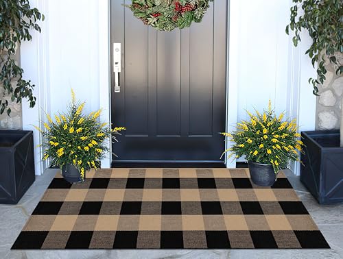 Front Porch Rug 24''x51'' Black and Tan Checkered Outdoor Rug Cotton Washable Front Door Mat Outdoor for Layered Doormat,Bedroom,Farmhouse,Entryway,Patio - color: Khaki Black, size: 24''x 51''