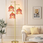 QIYIZM Pink Floor Lamp for Living Room,Bedroom,Gold Mid Century Modern Standing Lamp Brass Tree 3 Light Tall Floor Lamps Floor Lights Glass Flower Lamp Shade Girls Kids Boho Bohemian - size: 24-Floor Lamp