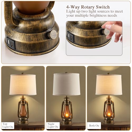 25" Set of 2 Rustic Lantern Table Lamps for Living Room Bedroom, 2 USB Ports Farmhouse Vintage Bedside Desk Lamp Nightlight for Entryway Office End Table, 4 Bulbs Included - color: Brass Color - 25'' Lantern Lamps