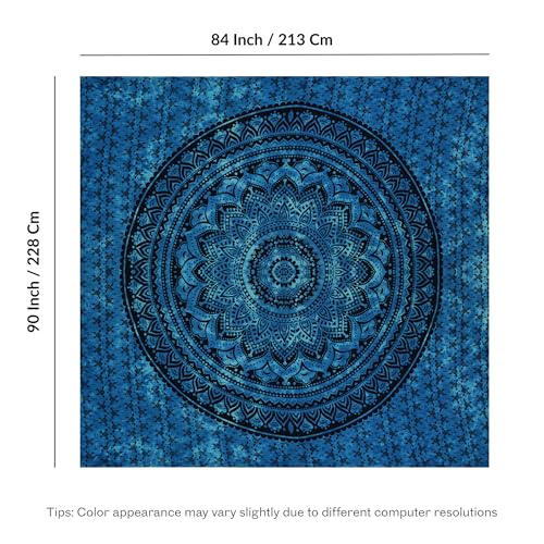 FURNISHFUL FINESSE Hand Block Printed Cotton Mandala Wall Tapestry - Blue Ombre Boho Wall Decor, Bohemian Hippie Room Hanging for Bedroom, Dorm & Living Room Aesthetic - 84X90, Blue - color: Blue, size: 90"L x 84"W