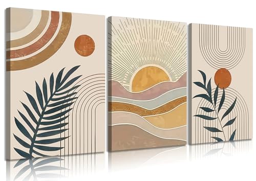 3Pcs Framed Boho Abstract Wall Art Orange Rainbow Sun Desert Minimalist Picture Mid-Century Modern Poster Prints Neutral Botanical Geometric Canvas Painting Wall Decor for Living Room16L x 12W - color: Wrapped Canvas, size: 16L" x 12W"