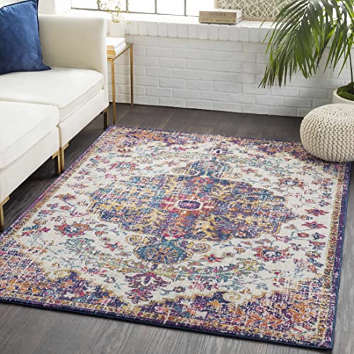 Hauteloom Kaleidoscope Area Rug - Medallion Floral Distressed Border Abstract - Traditional Oriental Boho Transitional Turkish - Beige, Mustard, Medium Gray, Blue, Cream - 2' x 2'11" - color: Beige, Mustard, Medium Gray / Okarche, size: 1'11" x 2'11" (Rec