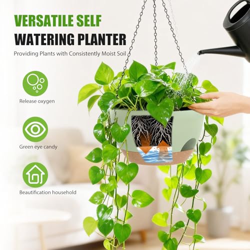 8 Inch Hanging Planters for Indoor Outdoor Plants, 4 Pack Green Brown Plastic Self Watering Hanging Baskets with Drainage Holes and Chain for Garden Porch - color: Green Brown