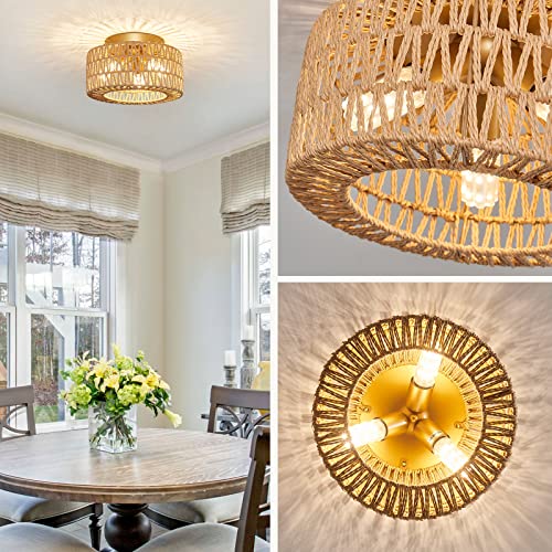 Rattan Light Fixtures Ceiling Mount, 3-Lights Boho Flush Mount Ceiling Light, Hand-Woven Cage Shade Lamp Lighting, Rustic Rattan Chandelier for Hallway Bedroom Kitchen Farmhouse Foyer Entryway (Gold) - color: Gold, size: Small