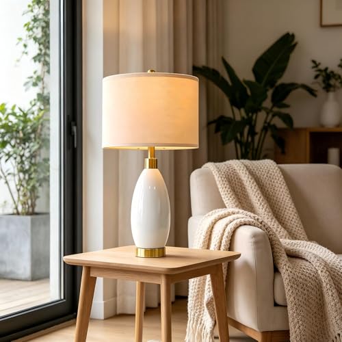 USumkky 24" White Oval Ceramic Table Lamp Set of 2, Modern Minimalist Bedside Nightstand Lamps for Bedroom Living Room, Linen Shade & Gold Metal Base, Rotary Switch E26 (Bulbs Excluded) - color: 24" Teardrop-2 Pack
