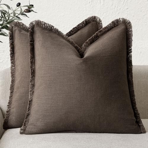 Foindtower Set of 2 Decorative Linen Fringe Throw Pillow Covers Boho Farmhouse Cushion Cover with Tassels Soft Accent Pillowcase for Couch Sofa Bed Living Room Home Decor,16×16 Inch,Reddish Brown - color: Reddish Brown, size: 16" x 16" (Pack of 2)