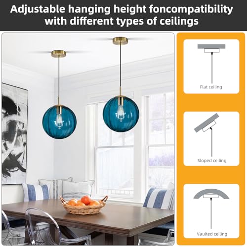 Modern Blue Glass Pendant Light, Kitchen Island Lighting 2-Pack Globe Pendant Light Fixtures Century Kitchen Island Pendant Lighting for Bedroom Living Dining Room Light Fixture (Without Bulb) - color: Blue-1 Light-2PC