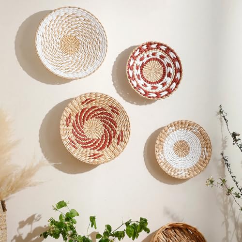 Boho Round Hand Woven Wall Basket Decor, Seagrass Rattan Wicker Farmhouse Hanging Baskets Flat Wall Art for Kitchen Living Room Bedroom, 1 Pcs 13.78" - color: Style5( 13.78")
