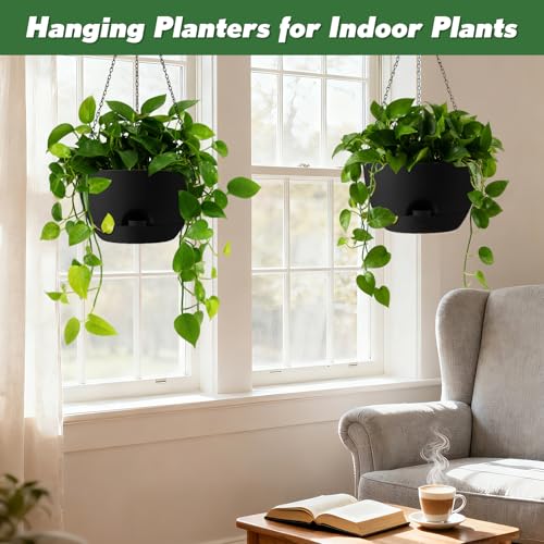 3-Piece Set of 10-Inch Hanging Planters with Automatic Watering System and Drip Tray, Includes Metal Chain, Suitable for Various Indoor and Outdoor Plants and Flowers,Black - color: Pure Black, size: 10 inch
