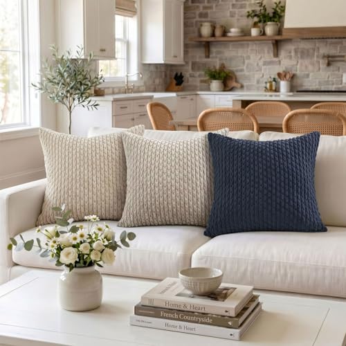 Fancy Homi Set of 2 Neutral Taupe Decorative Throw Pillow Covers 18x18 Inch for Couch Bed Sofa Bedroom, Modern Farmhouse Boho Home Decor, Soft Fluffy Textured Corduroy Cute Cushion Case 45x45 cm - color: Taupe, size: 18" x 18" (Pack of 2)
