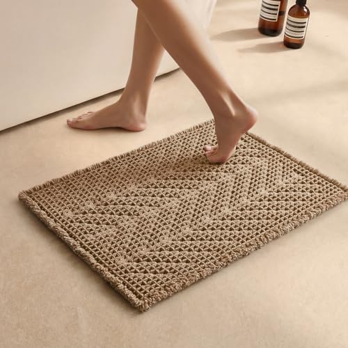 Sunfly Boho Bathroom Rug, Herringbone Waffle Bath Mat Non-Slip Washable Super Absorbent Quick Dry, Small Farmhouse Bath Mat for Bathroom Floor Decor 16"*24" Khaki - color: Akhaki, size: 1'4" x 2' (Rectangular)