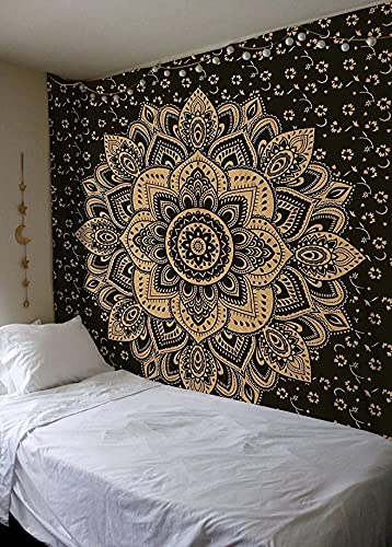 Rajsee Gold Mandala Tapestry - Boho Bedroom Aesthetic - Trippy Large Wall Hanging - Black Gold Wall Art 82x92 Inches - color: Black and Gold, size: 92"L x 82"W