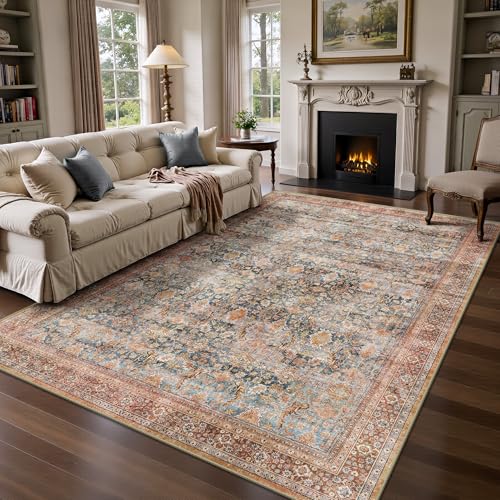5x7 Area Rugs - Washable Vintage Retro Living Room Rug, Soft Ultra Thin Non Slip Low Pile Traditional Distressed Boho Carpet for Bedroom Dining Room Nursery Home Office, Rust Clay - color: A-rust Clay, size: 5x7