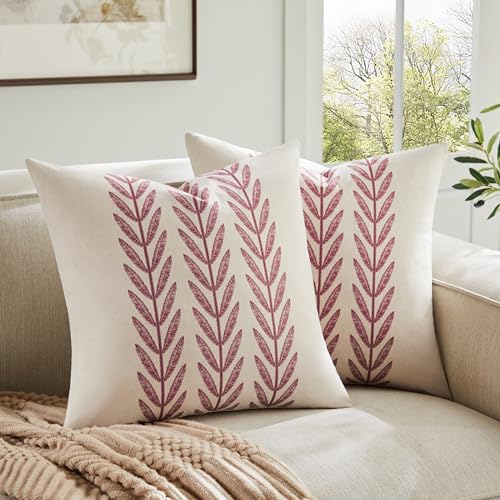 100% Cotton Farmhouse Leaves Throw Pillow Covers Set of 2, 16x16 Inch Burgundy Pastoral Decorative Print Cushion Covers for Sofa Bed Living Room Home Decor - color: Burgundy, size: 16" x 16" (Pack of 2)