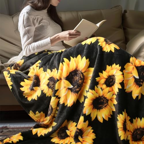 MACEVIA Sunflower Blankets Gifts for Women, Flannel Fleece Sunflower Gift, Floral Throw Blanket for Couch Bed Sofa, Soft Cozy Warm Lightweight Blankets for Travel Camping 260GSM (50"x60") - color: Sunflowers Print 01, size: Flannel Fleece (50x60 IN)