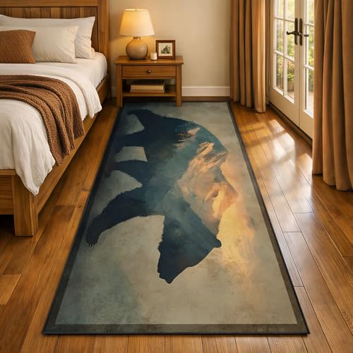 Bear Runner Rug 2.6x7, Rustic Black Bear Rug for Hallways, Vintage Cabin Style Rugs Non-Shedding & Easy Care, for Dining Room Kitchen Office - color: Western Wildlife, size: 2.6' X 7'(runner)