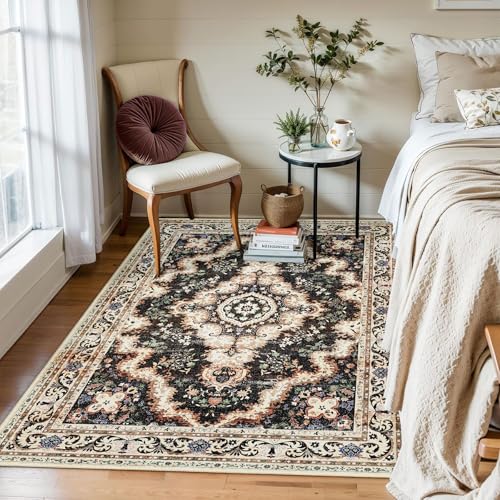 Black Rug 3'x5',Washable Area Rugs for Bedroom Living Room Kitchen Entryway Bedside,Small Boho Vintage Bohemian Distressed Non Slip Carpet,Colorful Floral - color: Black, size: 3'x5'