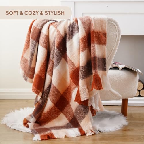 BATTILO Rust Plaid Throw Blanket for Couch Bed, Soft Mohair Tartan Plaid Blanket, Farmhouse Style Checkered Pattern, Fall Throw Blankets for Home Decor(50"x60") - color: Rust Plaid Checkered
