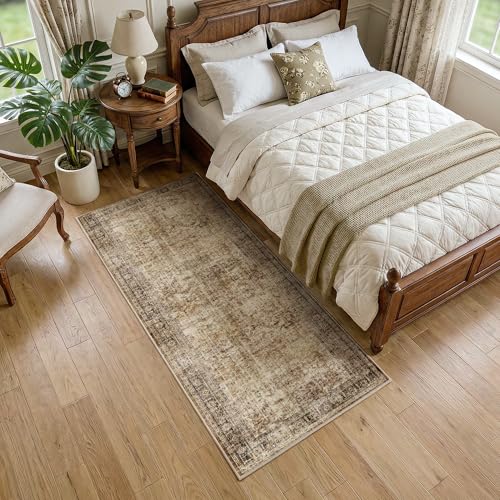FMFUNCTEX 2x6 Hallway Runner Rug Brown Neutral Vintage Washable Distressed Non Slip Low Pile Oriental Indoor Carpet Soft Retro Entryway Rug for Kitchen Laundry Entrance Entry Living Room Bedroom - color: Brown, size: 2' x 6' (Rectangular)