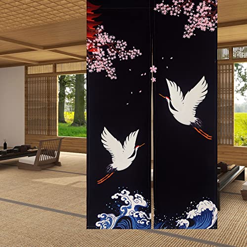 LIGICKY Noren Doorway Curtain Japanese Style Cranes Waves Cherryblossom Printed Cotton Linen Window Treatment Door Tapestry for Home Decoration 33.5" Width x 59" Long, Black - color: Cranes Cherryblossom, size: 33.5"W x 59"L (Pack of 1)