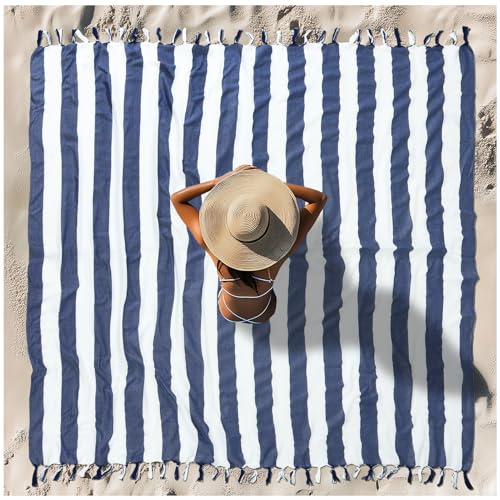 Vikumond Oversized Turkish Beach Towel Blanket XXL Cotton Sandproof Towels Boho Woven Extra Large Big Sand Free Giant Throw Blankets Huge Quilt XL Picnic Camping Necessities Cloud for Adult Gifts - color: Z Udarkblue Vertical Stripe, size: Xxxl(88x82 In,2