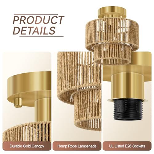 BoostArea 8.66” Boho 2-Tier Rattan Ceiling Light Fixture, Semi Flush Mount Woven Chandelier for Bedroom, Dining Room, Kitchen, Entryway, Living Room(Bulb not Included) - color: Brown