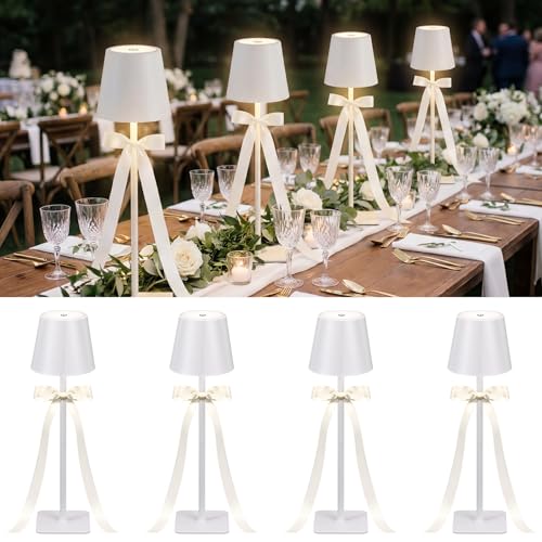4 Pack Wedding Cordless Table Lamp for Outdoor Party Table Night Light LED Rechargeable Reading Lights 3 Color Portable Touch Control Party Decor with Bows for Wedding Patio - style: Classic