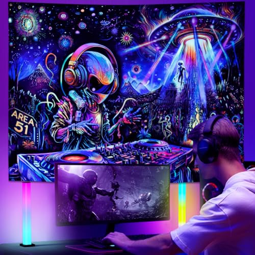 Galoker Blacklight Alien UFO Tapestry Trippy Galaxy Planet Tapestry UV Reactive Funny DJ Music Wall Tapestries Plant Cactus Tapestries Wall Hanging for Home Decor(70.8"x92.5") - size: 92.5"L x 70.8"W
