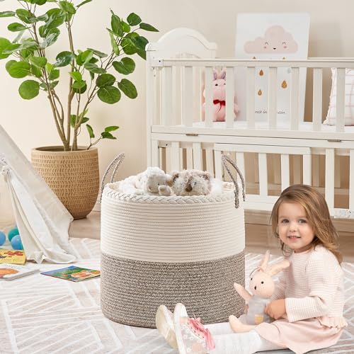 KAKAMAY Large Blanket Basket (18"x18"x16"),Woven Baby Laundry Hamper for Storage, Cotton Rope Blankets Baskets for Nursery, Laundry, Living Room, Pillows, Baby Toy chest with Handles (White/Beige) - color: Beige