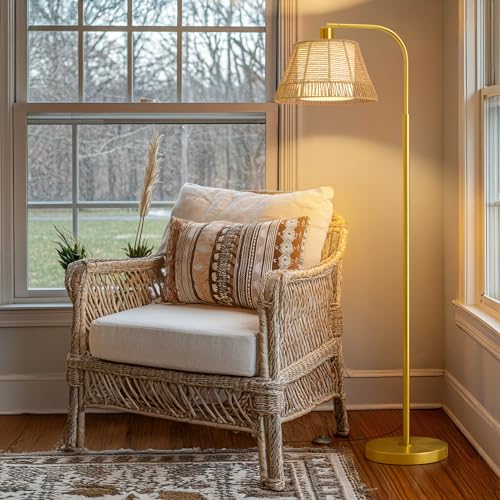 Oneach Arc Floor Lamp for Living Room with 3 Color Temperatures, Farmhouse Floor Lamps with Remote & Dimmable Bulb, Rattan Boho Floor Lamp with Hand-Woven Wicker & Fabric Shade - color: Modern Gold