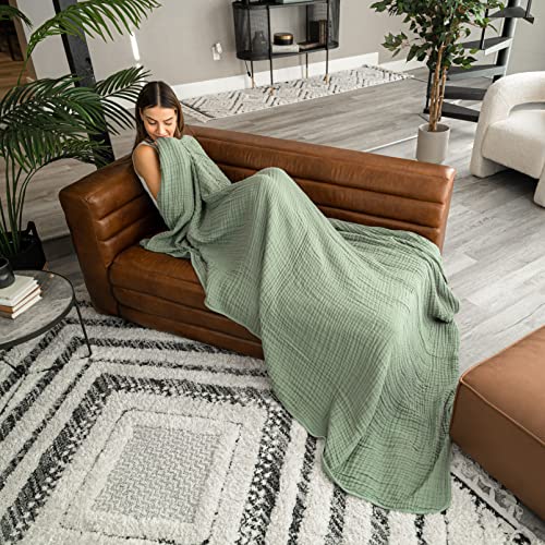 Comfy Cubs Muslin Throw Blanket - 50” x 60” Quilted Design - Lightweight, Breathable 6-Layer Gauze Fabric - Soft Cotton Blanket for Home or Travel - Packaged in Elegant Gift Box - Sage - color: Sage, size: Throw - 50" X 60"