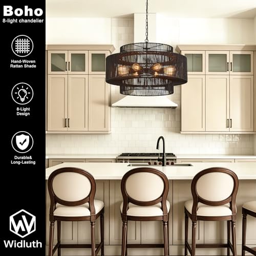 30" Large Black Rattan Chandelier, 8-Light Hand-Woven 3-Tier Drum Wicker Boho Farmhouse Light Fixture, Retro Pendant for Dining Room Kitchen Island Bedroom Living Room Foyer - color: Black 30"