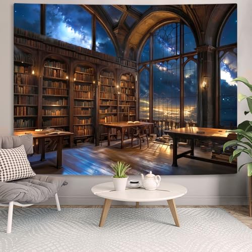 Accnicc Gothic Library Tapestry Vintage Medieval Bookshelf Tapestries Wall Hanging Fantasy Space Academia Book Large Tapestry for Bedroom Living Room Dorm Classroom 80 x 60 inch - color: Brown Blue, size: 80"L x 60"W